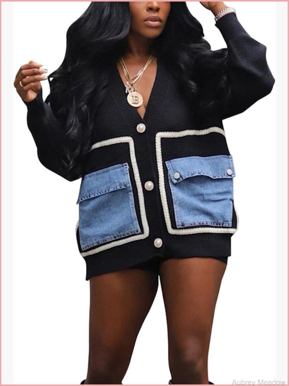 Vintage Chunky Knit Denim Patchwork Cardigan Open Front V Neck